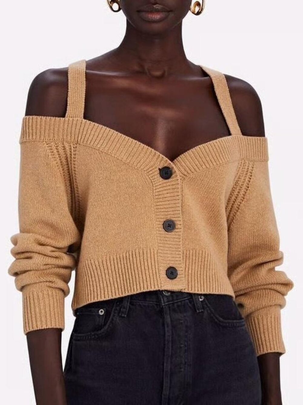 Intermix Beige Rumi Cold Shoulder Button Up Cardigan